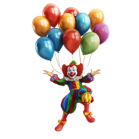 Joyful Clown with Vibrant Balloons on Clear Background A playful, multi-colored clown holding an array of bright balloons against a see-through backdrop. png