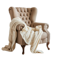 Soft Armchair with Knitted Blanket Against Clear Backdrop.Elegant seating featuring a textured throw, highlighted on a pristine, transparent background. png