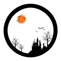A black and white drawing of a castle and a full moon png