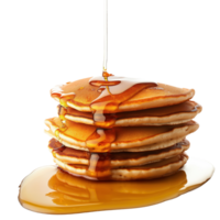 Golden stacks of freshly-made pancakes, dripping with rich syrup, create a delectable visual feast against a clear backdrop. Each layer exudes warmth and comfort png