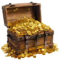 Glittering pirate treasure chest overflowing with gold coins and jewels, set against a clear backdrop. Radiant gems and coins spill from the intricately crafted chest, evoking a world of adventure png