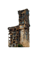 Worn Skyscraper in Apocalyptic Ruin .A shattered skyscraper looms against a transparent backdrop, showcasing the haunting remnants of a decayed civilization. png