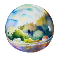 Vibrant Watercolor Planet on Transparent Canvas .Elegantly painted multicolored planet, floating gracefully on a clear, transparent background. png