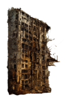 Urban Decay A Hauntingly Realistic Ruined Skyscraper.In this evocative image, a towering skyscraper stands in a state of ruin png