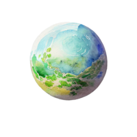 Ethereal Watercolor Planet with Multicolored Swirls. A vivid illustration of a planet rendered in watercolor against a transparent background. png