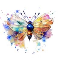 Radiant watercolor depiction of a detailed, multi-colored insect with vibrant wings set against a pristine, transparent background. The delicate brushstrokes highlight the intricate patterns png