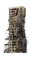 Ruined Skyscraper in Apocalyptic Landscape A haunting depiction of a collapsed high-rise, set against a transparent backdrop, evoking a sense of desolation and decay. png