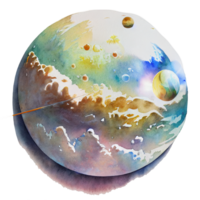 Vibrant Watercolor Planet An ethereal design showcases a multicolored planet, seamlessly blending vivid shades on a transparent backdrop. png