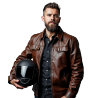 Man in a leather jacket holding a motorcycle helmet with a confident look on a transparent background png