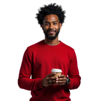 Man in a red sweater holding a coffee cup with a relaxed smile on a transparent background png