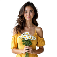 Woman in a yellow dress holding a bouquet of daisies with a gentle smile on a transparent background png
