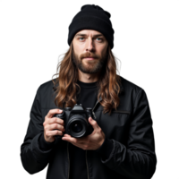Man in a black beanie holding a camera with a serious expression on a transparent background png