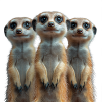 Three cute little meerkats standing together on a transparent background png