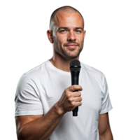 Man with a microphone giving a speech with a determined expression on a transparent background png