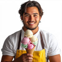 Smiling young man holding a colorful ice cream cone, wearing a yellow apron, looking cheerful and friendly png