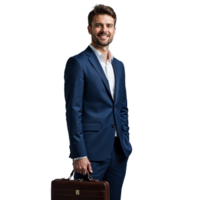 Smiling man in a blue suit holding a briefcase on a transparent background png