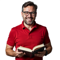 Man in red polo shirt holding a book and smiling broadly on a transparent background png