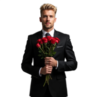 Man in a black suit holding a bouquet of red roses with a serious expression on a transparent background png
