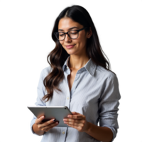 Woman with glasses holding a tablet and smiling while reading on a transparent background png