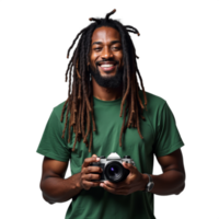 Man with dreadlocks holding a camera and smiling on a transparent background png