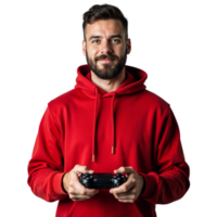 Man in a red hoodie holding a game controller with a focused expression on a transparent background png
