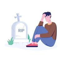 Man in grief sitting in graveyard and remembering, flat illustration vector