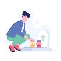 A flat illustration showing a man blowing memorial candles at grave vector