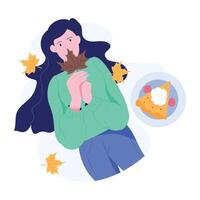 Girl enjoying autumn season festivity, flat illustration vector