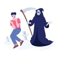 Scared boy with grim reaper, flat illustration vector