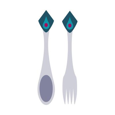 Vintage Spoon, Fork with decoration on the end of handle. Silver cutlery with red gemstone. Cutlery. Dessert spoon. Kitchenware, tableware. Retro style. Isolated. Flat style. Color illustration
