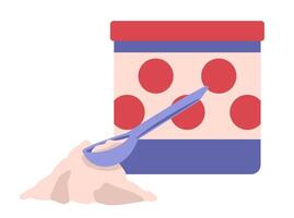Container, handful of flour and spoon. Red polka dot storage for bulk products. Iron container in retro style. Bakery and confectionery cooking ingredient. Tablespoon. Isolated. illustration vector