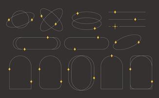 Ellipse frames, arcs, dividers with stars on dark background. Set of design elements in trendy y2k minimalist aesthetic style vector