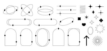 Set of design elements in trendy y2k style. Oval frames with stars, hearts, arrows, etc vector