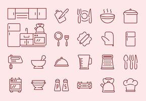 Editable stroke icon set with a kitchen theme, perfect for culinary projects and kitchen-related designs. These customizable icons feature kitchen utensils, appliances, ingredients, and more. vector