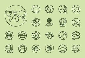 Editable stroke icon set with an Earth theme, perfect for environmental projects and nature-related designs. These customizable icons feature globes, world map, natural elements, and more. vector
