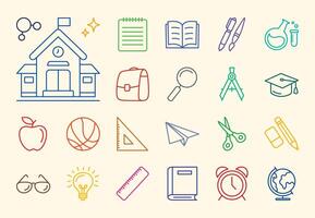 Editable stroke icon set with a back to school theme, perfect for educational projects and student-related designs. These customizable icons feature school supplies, backpacks, books, and more. vector