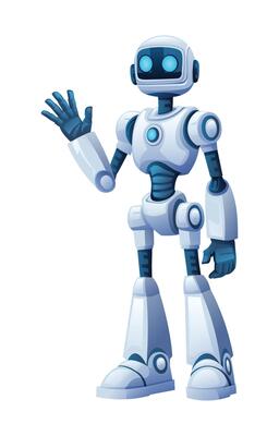 Friendly robot character waving hand. Cartoon illustration