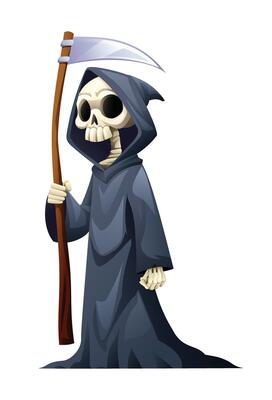 Grim Reaper holding a scythe. Cartoon character illustration isolated on white background