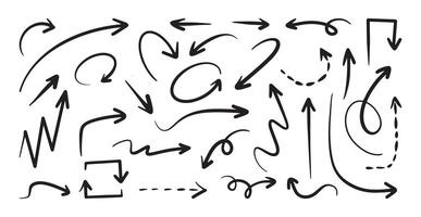 Hand drawn arrows in various directions with thin lines on white background. cartoon illustration vector
