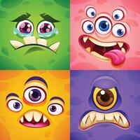 Set of monster faces with various expressions, featuring multiple eyes and sharp teeth. Cartoon illustration vector