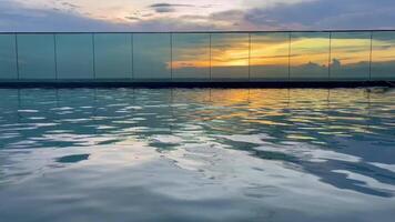 A tranquil rooftop infinity pool reflects the vibrant colors of a stunning sunset, creating a serene and peaceful atmosphere perfect for relaxation and luxury travel, A tranquil sunset over pool video