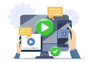 Concept of tutorials, webinars, distance education, online training and learning. online education and e-learning at home through webinar training, online training, tutorial podcasts. vector