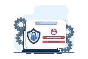 Device security concept with password access. Analog window with login screen and shield with lock on it. System requiring password for access. Flat illustration on background. vector