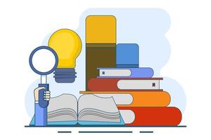 book reference concept, library, stack of books and light bulb. literature, educational design, idea, brainstorming, education and reading. Ideas and inspiration. Symbol or icon. illustration. vector