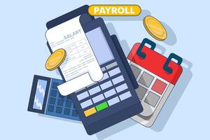 payroll system concept, online income calculation and automatic payment, administrative accounting office or calendar payment date, computer with online payroll. flat illustration on background. vector