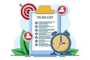 Checklist concept. Clipboard with checklist and check marks. Business plan, marketing strategy, survey, completed tasks, successful teamwork. Flat illustration on background. vector