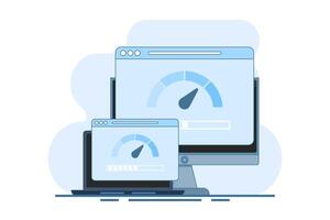 Internet speed concept. Smartphone, laptop and computer with internet connection speed test on screen, internet download speed and network performance on flat web page illustration. vector