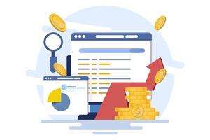 Search engine marketing analysis concept, Data marketing, Paid marketing campaigns, Pay per click. SEO optimization, Digital marketing and paid promotion on social media networks, illustration. vector