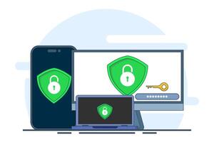 Security software concept that protects multiple digital devices from cyber attacks, Website is protected by access, Data privacy, flat illustration on background. vector