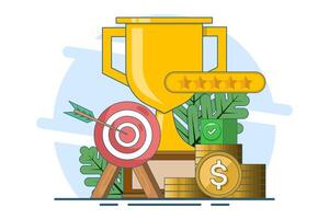 Goals and achievements, Business goals, achievement and success concept. Arrows hit the target with a big cup, target, target center, business plan, problem solving, Flat design illustration. vector